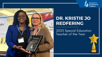 Dr. Kristie Jo Redfering holding an award for teacher of the year with CEC President. Blue background with text "Dr. Kristie Jo Redfering 2023 Special Education Teacher of the Year", Council for Exceptional Children logo, and award design.