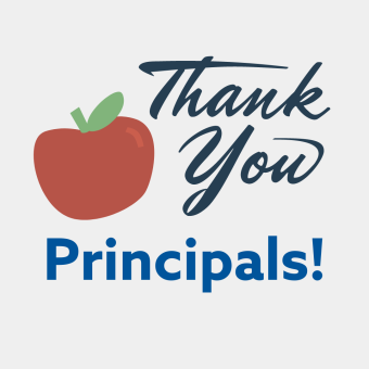 "Thank You Principals" with an apple graphic on a light gray background