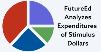 Colorful pie chart next to text "FutureEd Analyzes Expenditures of Stimulus Dollars"